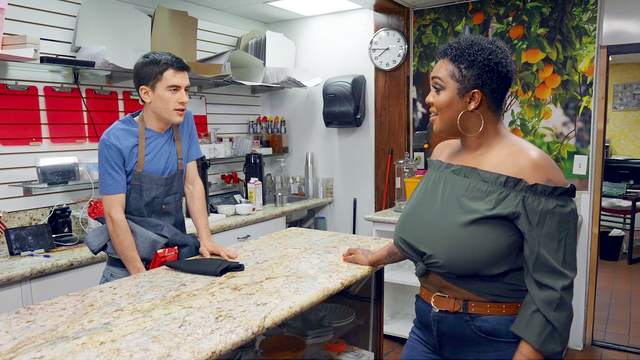 Boss bitch Dana Dearmond and customer Layton Benton share a dorky barista